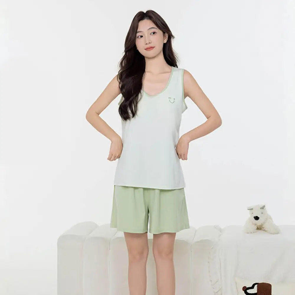 ID1087 4色展開 ペアルック 夏用 パジャマセット モダール素材 縫製パッド ブラトップ 半パンツ マルチカラー モダンシンプル 通気性 くつろぎ カップル メンズ レディース グリーン（レディース） / レディースL
