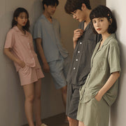 ID688 カップル パジャマ 夏 綿100% 薄手 半袖 ショートパンツ カーディガン セット メンズ レディース おそろい 2点セット 吸汗 速乾 ゆったり 無地 ルームウェア