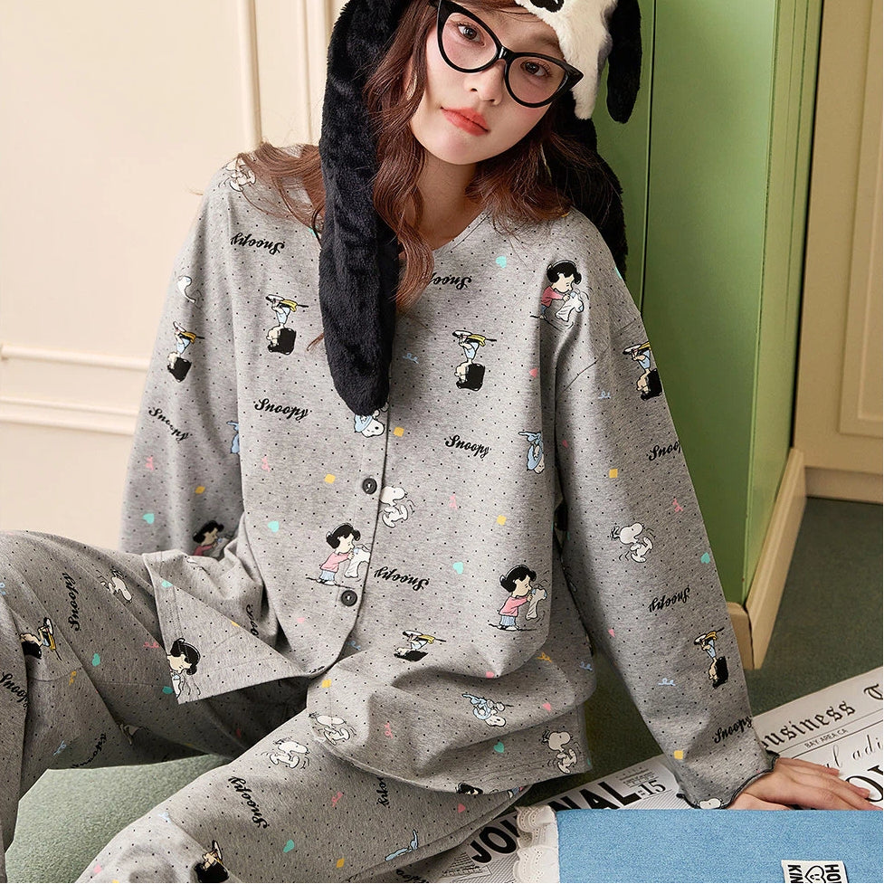 スヌーピー 綿 パジャマ レディース 上下セット セットアップ 春秋 リラックス 可愛い プリント キャラクター 長袖 ルームウェア ID4316