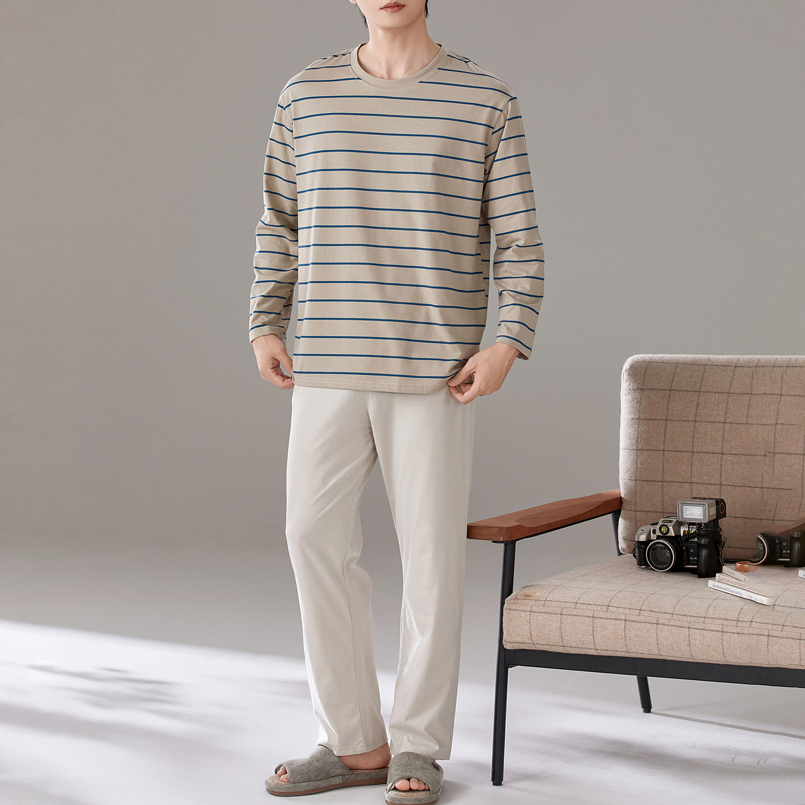 パジャマ メンズ 春秋 綿 長袖 ストライプ ラウンドネック プルオーバー ゆったり カジュアル ルームウェア セット 入院 出産 部屋着 寝巻き ID4282