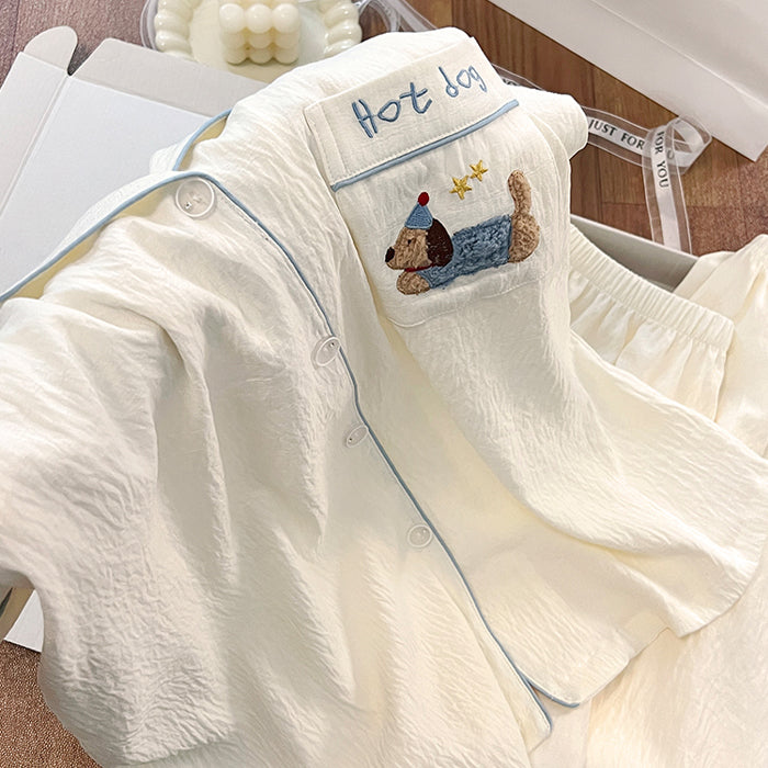 ID681 犬 プリント カップル  おそろい  パジャマ 綿シルク 夏 半袖 ルームウェア メンズ レディース 薄手外出 可 ゆったり 吸汗 速乾 2点セット