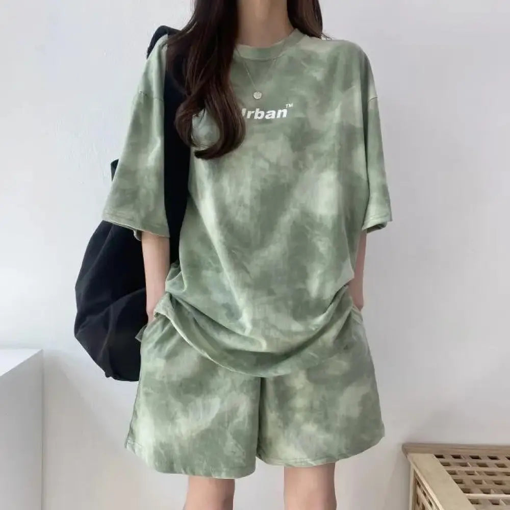 ID1063 5カラー レディース 夏用 スポーツウェア 薄手 ペティットサイズ Tシャツ＆ショートパンツ セット カジュアル ホームウェア 外出対応 グリーン / M 外出着＞セットアップ