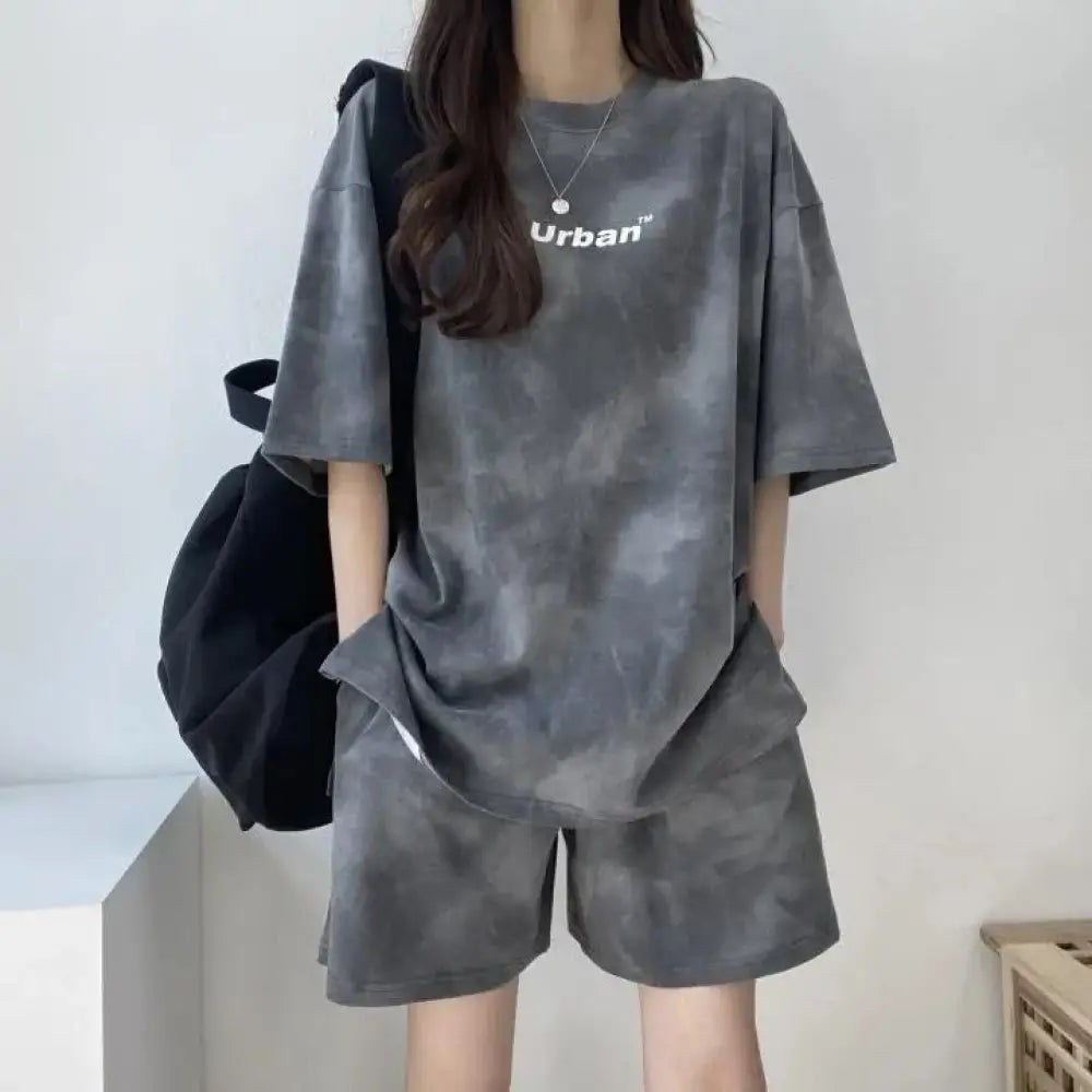 ID1063 5カラー レディース 夏用 スポーツウェア 薄手 ペティットサイズ Tシャツ＆ショートパンツ セット カジュアル ホームウェア 外出対応 グレー / M 外出着＞セットアップ