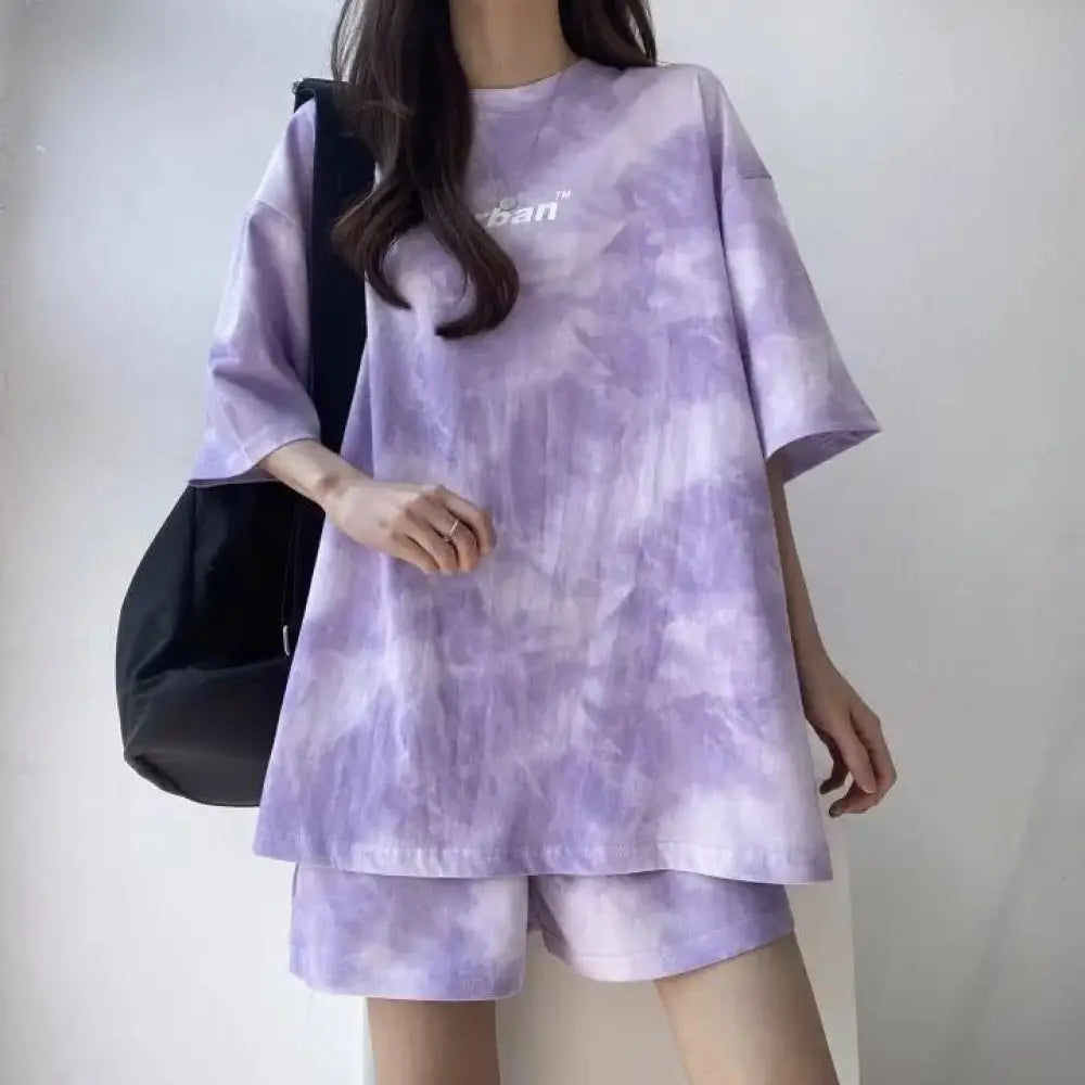 ID1063 5カラー レディース 夏用 スポーツウェア 薄手 ペティットサイズ Tシャツ＆ショートパンツ セット カジュアル ホームウェア 外出対応 パープル / M 外出着＞セットアップ