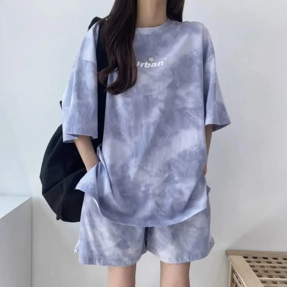 ID1063 5カラー レディース 夏用 スポーツウェア 薄手 ペティットサイズ Tシャツ＆ショートパンツ セット カジュアル ホームウェア 外出対応 ブルー / M 外出着＞セットアップ