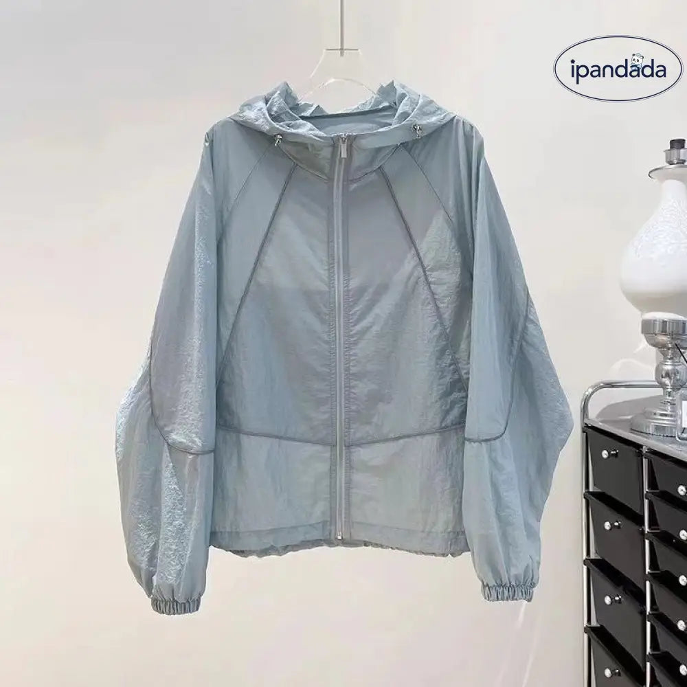 ID1349 5色展開 レディース UVカットジャケット 夏 超薄手 通気性抜群 ゆったりシルエット マルチシーン対応 エアコン対策 ウィンドブレーカー風 洗濯OK ポケット付き 新作 通販人気 ブルー / S 外出着>アウター