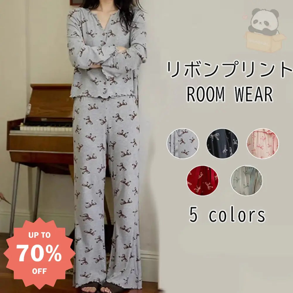 【5色展開】リボン柄 ルームウェア 部屋着 上下セット ワンマイルウエア レディース パジャマ 部屋着 カーディガン ホームウェア セットアップ 長袖 春 秋 レディース＞セットアップ
