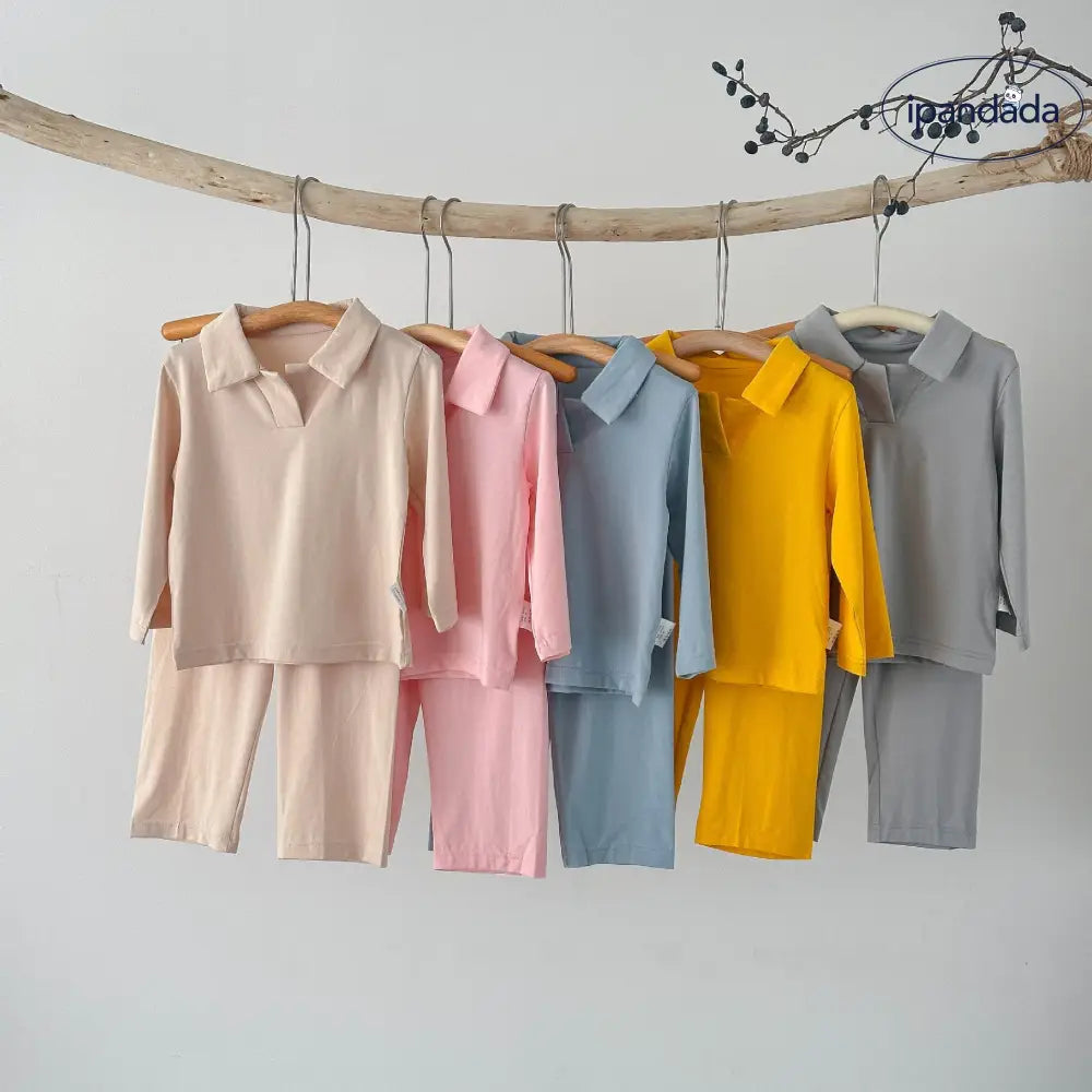 5色展開 無地 子ども パジャマ セット 長袖 ポロシャツ襟 エアコン服 男女兼用 ベビー キッズ ルームウェア 春夏秋 冷え対策 ID4010 ベビー＆キッズ＞キッズ