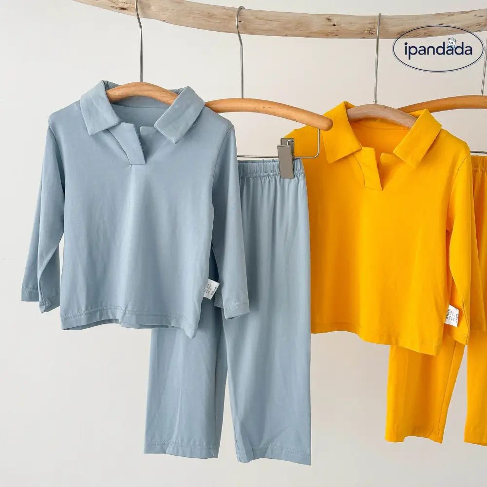 5色展開 無地 子ども パジャマ セット 長袖 ポロシャツ襟 エアコン服 男女兼用 ベビー キッズ ルームウェア 春夏秋 冷え対策 ID4010 ベビー＆キッズ＞キッズ