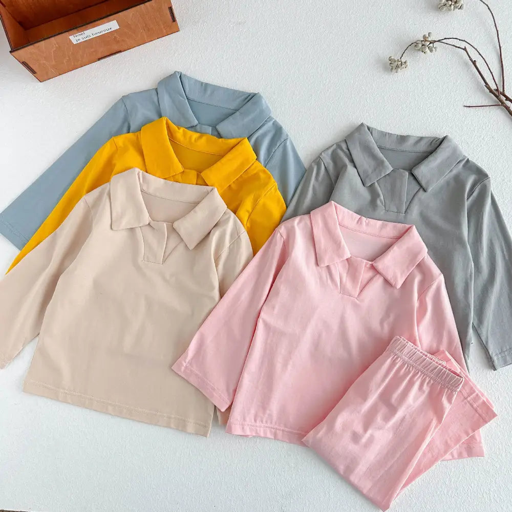 5色展開 無地 子ども パジャマ セット 長袖 ポロシャツ襟 エアコン服 男女兼用 ベビー キッズ ルームウェア 春夏秋 冷え対策 ID4010 ベビー＆キッズ＞キッズ