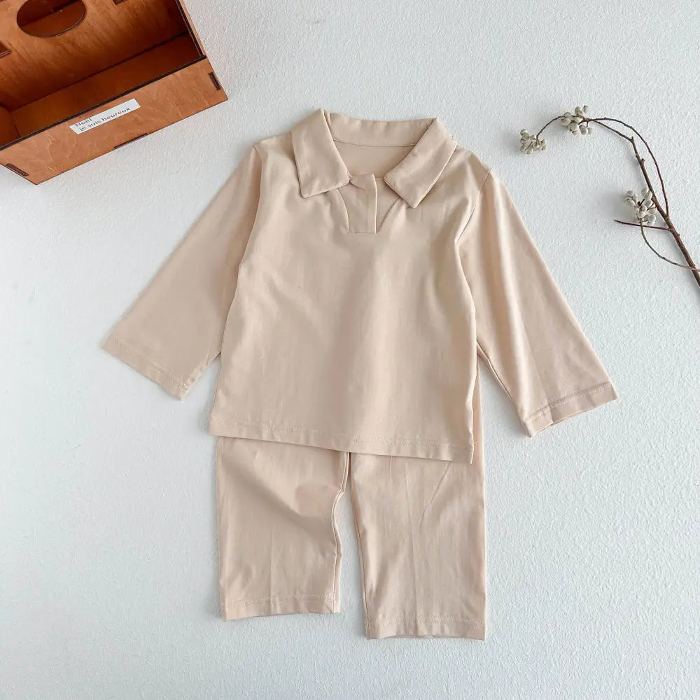 5色展開 無地 子ども パジャマ セット 長袖 ポロシャツ襟 エアコン服 男女兼用 ベビー キッズ ルームウェア 春夏秋 冷え対策 ID4010 アイボリー / 90cm ベビー＆キッズ＞キッズ