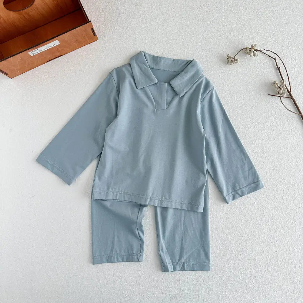 5色展開 無地 子ども パジャマ セット 長袖 ポロシャツ襟 エアコン服 男女兼用 ベビー キッズ ルームウェア 春夏秋 冷え対策 ID4010 ブルー / 90cm ベビー＆キッズ＞キッズ