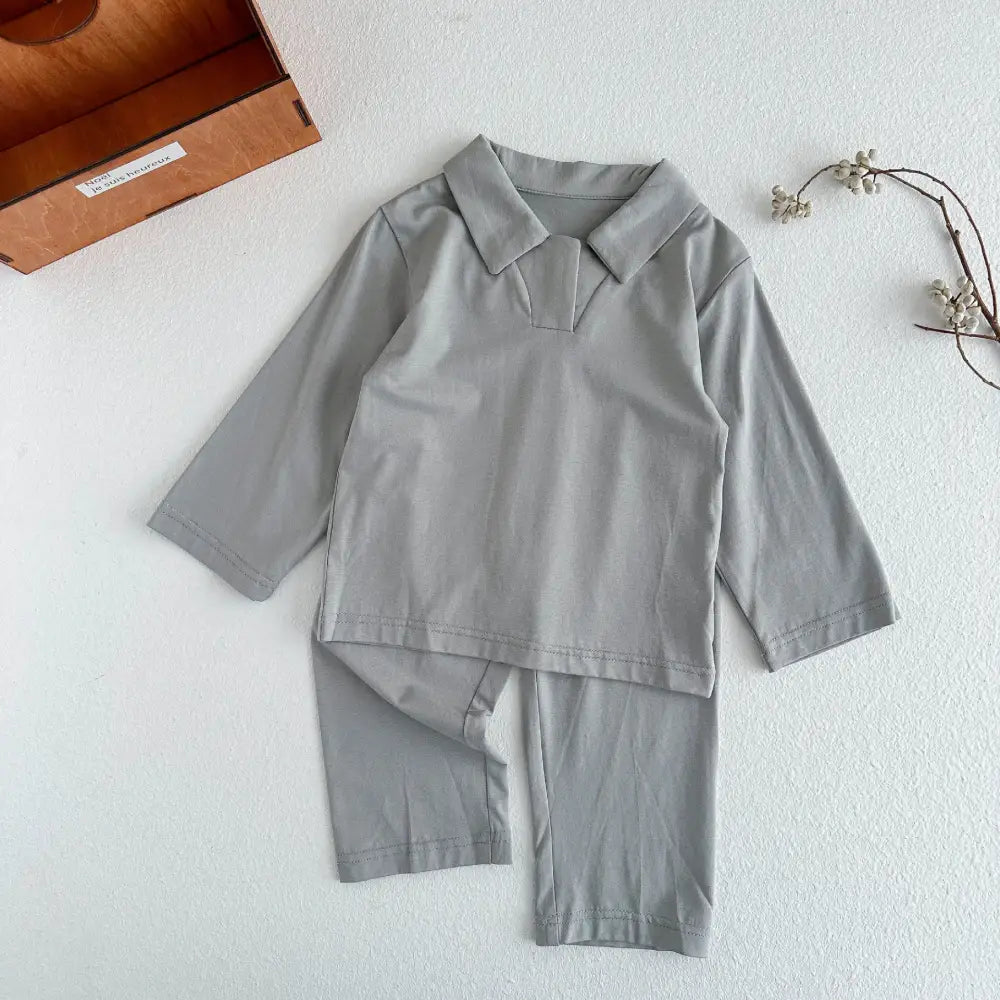 5色展開 無地 子ども パジャマ セット 長袖 ポロシャツ襟 エアコン服 男女兼用 ベビー キッズ ルームウェア 春夏秋 冷え対策 ID4010 グレー / 90cm ベビー＆キッズ＞キッズ
