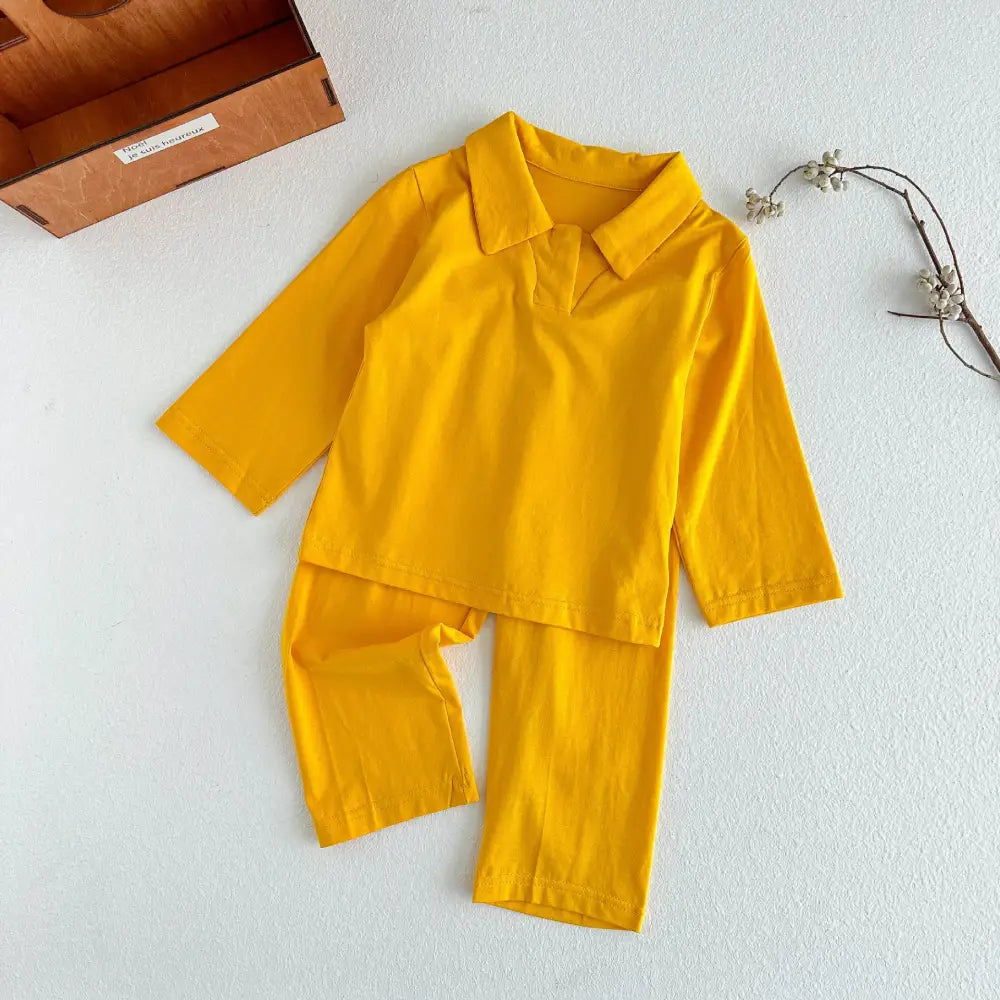 5色展開 無地 子ども パジャマ セット 長袖 ポロシャツ襟 エアコン服 男女兼用 ベビー キッズ ルームウェア 春夏秋 冷え対策 ID4010 イエロー / 90cm ベビー＆キッズ＞キッズ