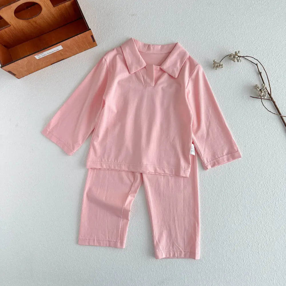 5色展開 無地 子ども パジャマ セット 長袖 ポロシャツ襟 エアコン服 男女兼用 ベビー キッズ ルームウェア 春夏秋 冷え対策 ID4010 ピンク / 90cm ベビー＆キッズ＞キッズ