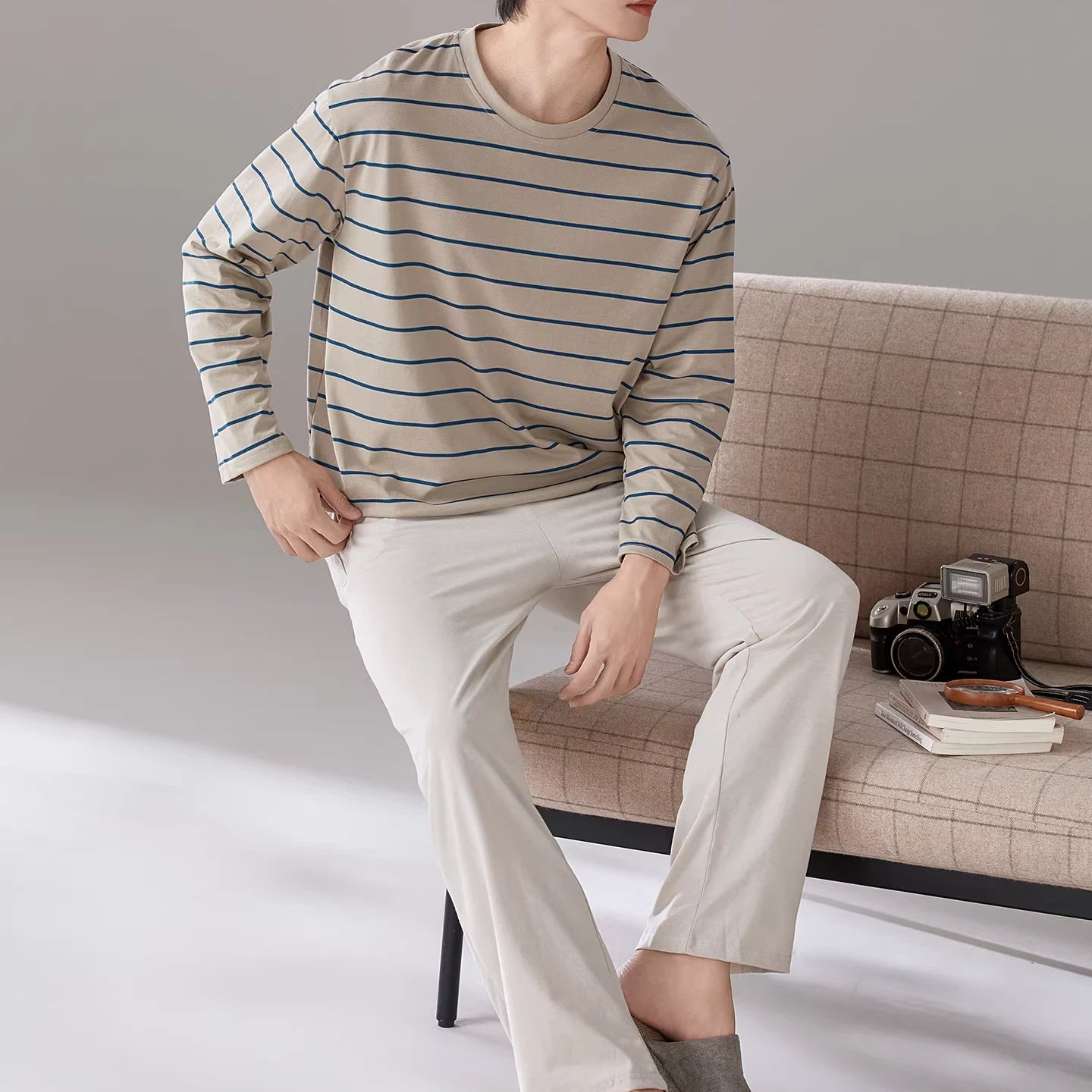 パジャマ メンズ 春秋 綿 長袖 ストライプ ラウンドネック プルオーバー ゆったり カジュアル ルームウェア セット 入院 出産 部屋着 寝巻き ID4282