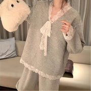 春秋 レディース かわいい グレー 韓国風 パジャマ 長袖 ロングパンツ ルームウェア かわいい 大きいサイズ 薄手 柔らか 入院 出産 部屋着 寝巻き ID4285