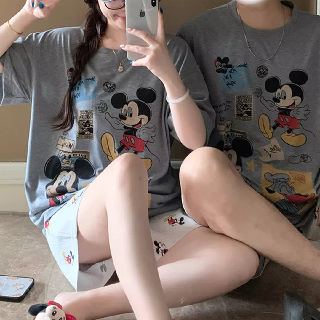 カップル パジャマ レディース 夏 半袖 綿 セット かわいい カートゥーン ミッキー メンズ プルオーバー ルームウェア 肌にやさしい 快適 ゆったり ID4717