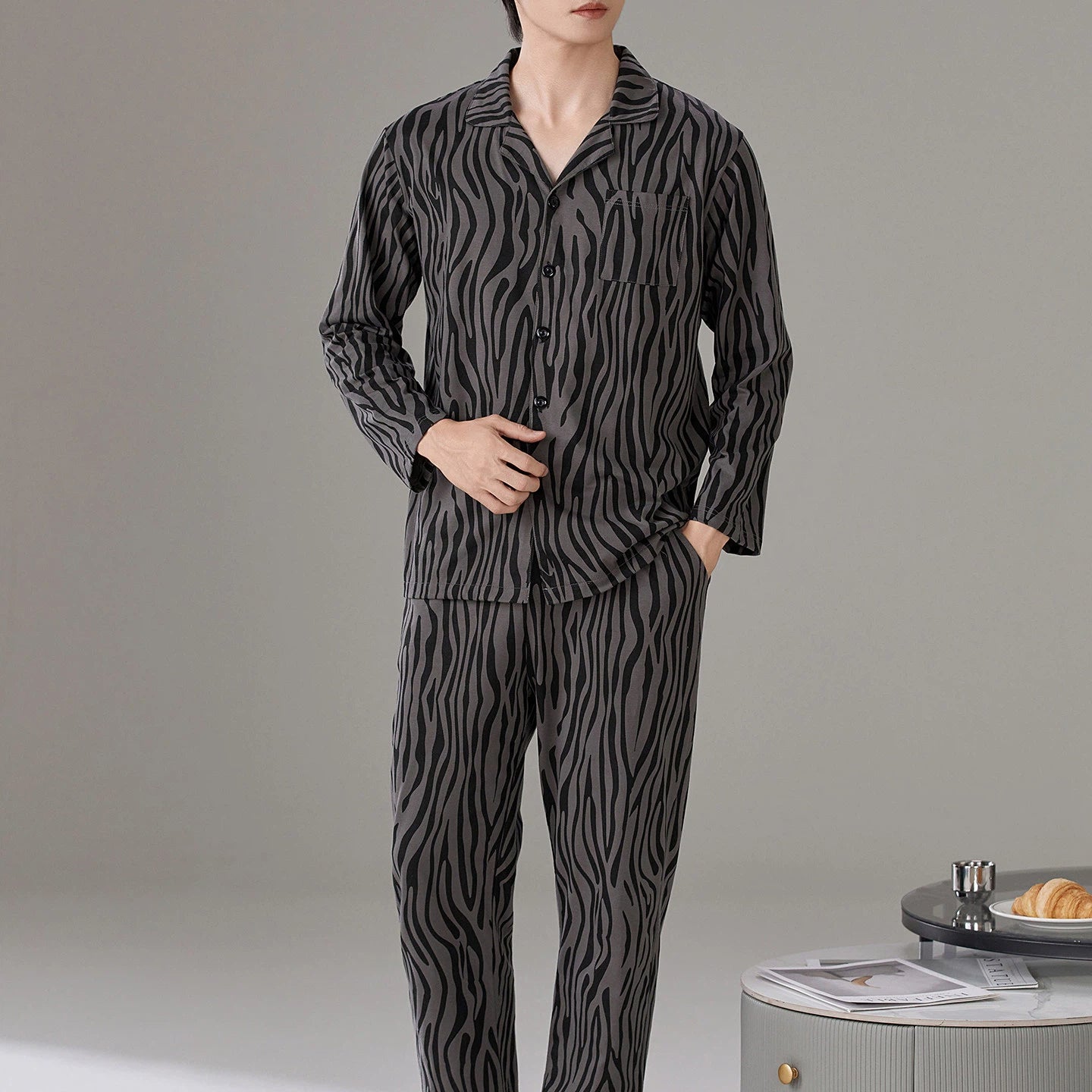 パジャマ メンズ 春秋 綿 長袖 ストライプ シンプル カジュアル ゆったり  ルームウェア 綿 長袖 コットン 上下セット ID4281