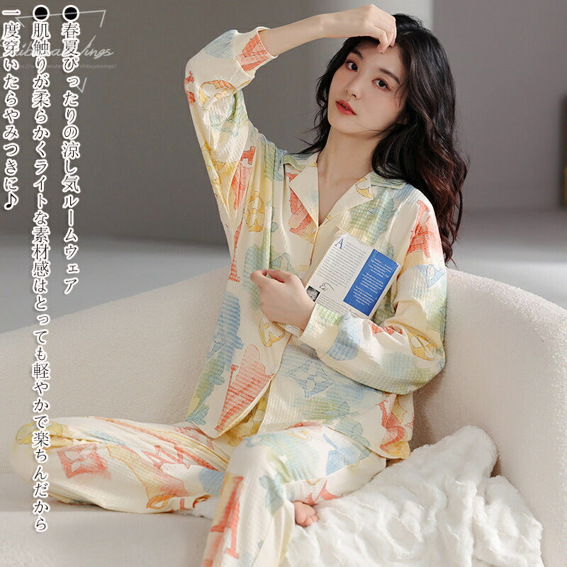 パジャマ 女性用 ルームウェア レディース 上品 長袖 前開き 綿 2点セット コットン 春夏 20代 30代 ゆったり 長ズボン セットアップ 女性 部屋着 寝巻き 誕生日プレゼント エレガント 冷房対策 スウィーティー ギフト 肌触り おしゃれ M L XL 2XL  通気性 可愛い 柔らかい ID4724