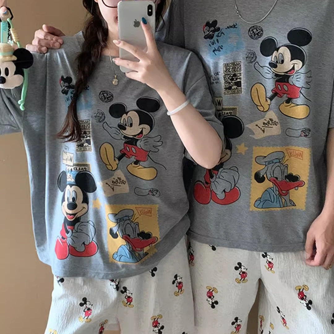 カップル パジャマ レディース 夏 半袖 綿 セット かわいい カートゥーン ミッキー メンズ プルオーバー ルームウェア 肌にやさしい 快適 ゆったり ID4717