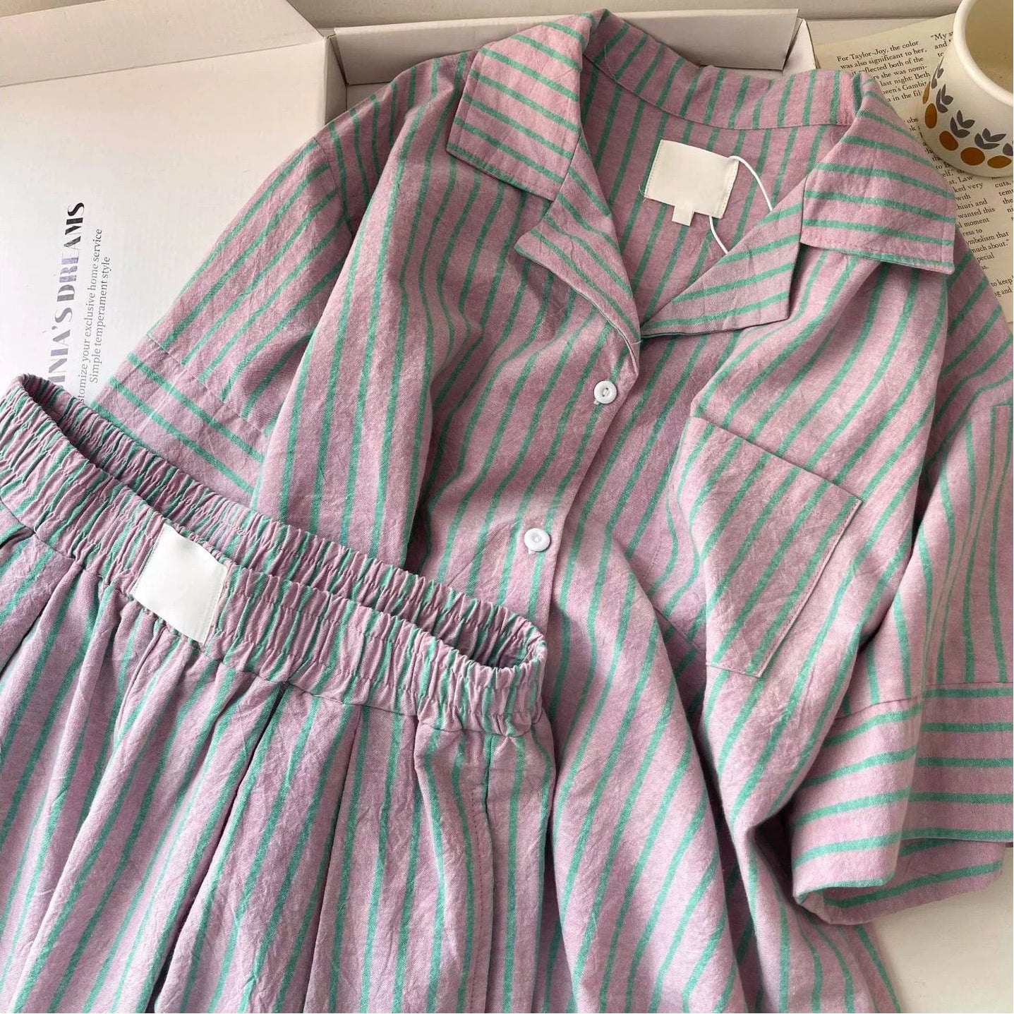 高級感 ストライプ パジャマ レディース 夏 カーディガン 半袖 セット 快適 ゆったり クロスボーダー ルームウェア 大きいサイズ 新作 ID4720