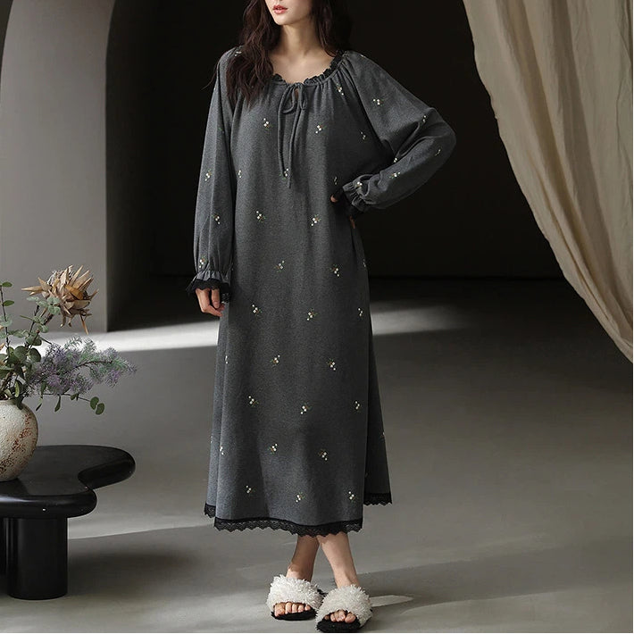 春秋 レディース 綿 長袖 コットン ナイトガウン パッド付き パジャマ ルームウェア 薄手 柔らか 入院 出産 部屋着 寝巻き ID4276