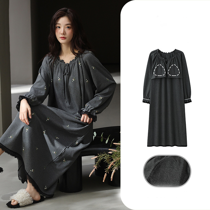 春秋 レディース 綿 長袖 コットン ナイトガウン パッド付き パジャマ ルームウェア 薄手 柔らか 入院 出産 部屋着 寝巻き ID4276