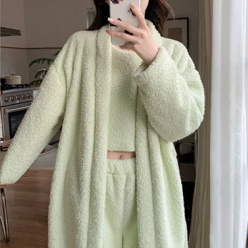 【8color】 3点セット 姫系 かわいい 寝巻き ルームウェア パジャマ レディース 部屋着 もこもこ ふわふわ 冬 セットアップ カーディガン ベスト + 長パンツ 日常 グリーン / M レディース＞セットアップ