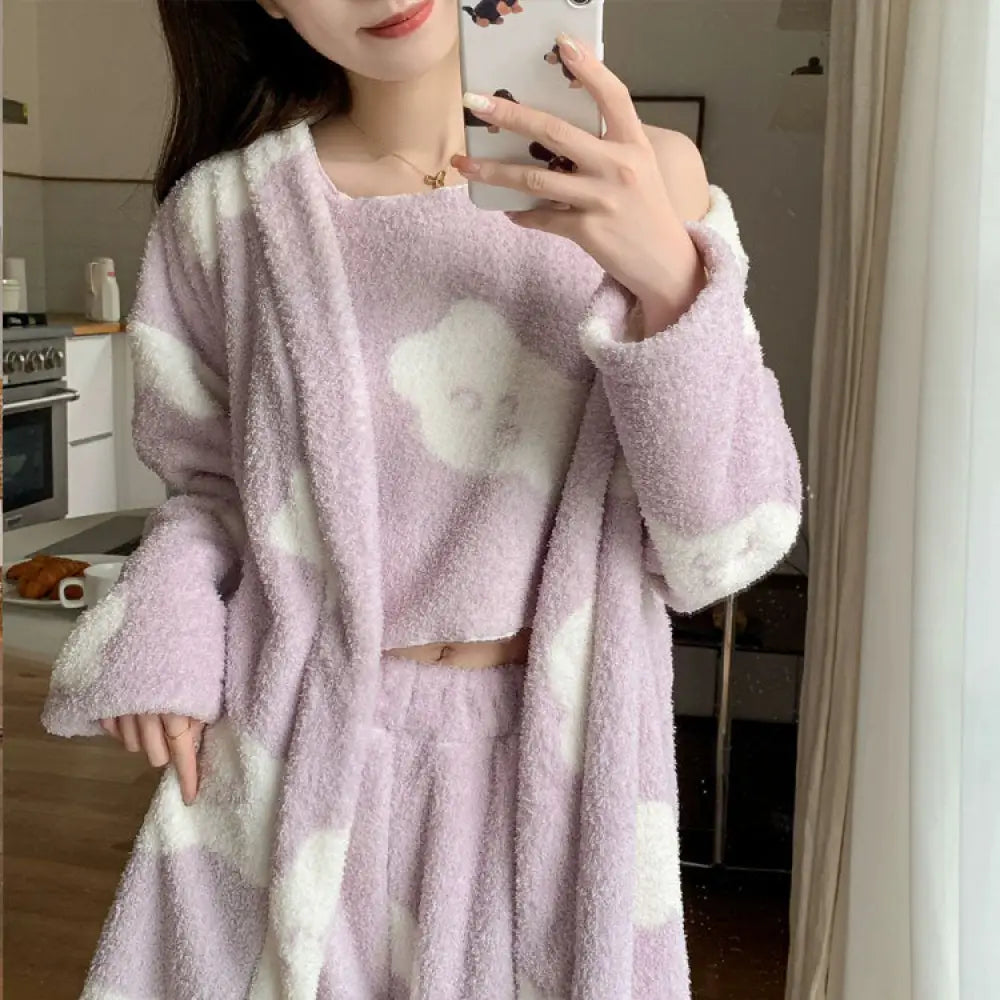 【8color】 3点セット 姫系 かわいい 寝巻き ルームウェア パジャマ レディース 部屋着 もこもこ ふわふわ 冬 セットアップ カーディガン ベスト + 長パンツ 日常 花模様パープル / M レディース＞セットアップ