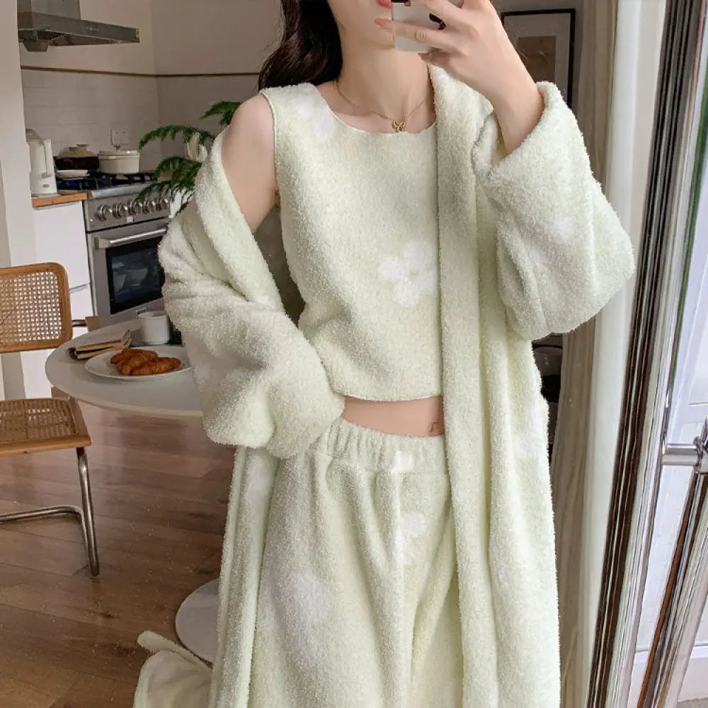 【8color】 3点セット 姫系 かわいい 寝巻き ルームウェア パジャマ レディース 部屋着 もこもこ ふわふわ 冬 セットアップ カーディガン ベスト + 長パンツ 日常 花模様グリーン / M レディース＞セットアップ