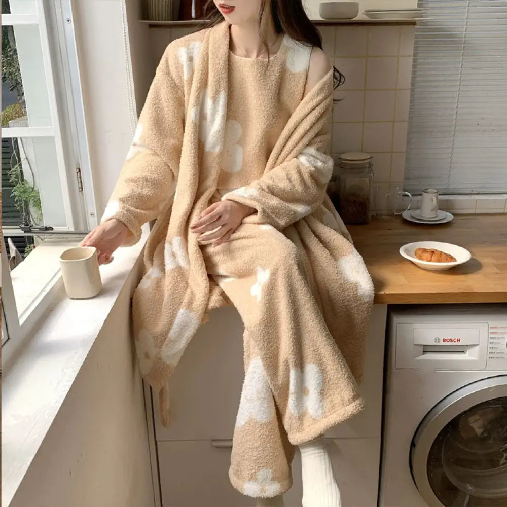 【8color】 3点セット 姫系 かわいい 寝巻き ルームウェア パジャマ レディース 部屋着 もこもこ ふわふわ 冬 セットアップ カーディガン ベスト + 長パンツ 日常 花模様カーキ / M レディース＞セットアップ