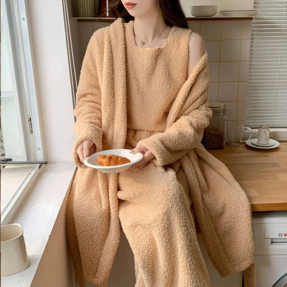 【8color】 3点セット 姫系 かわいい 寝巻き ルームウェア パジャマ レディース 部屋着 もこもこ ふわふわ 冬 セットアップ カーディガン ベスト + 長パンツ 日常 カーキ / M レディース＞セットアップ