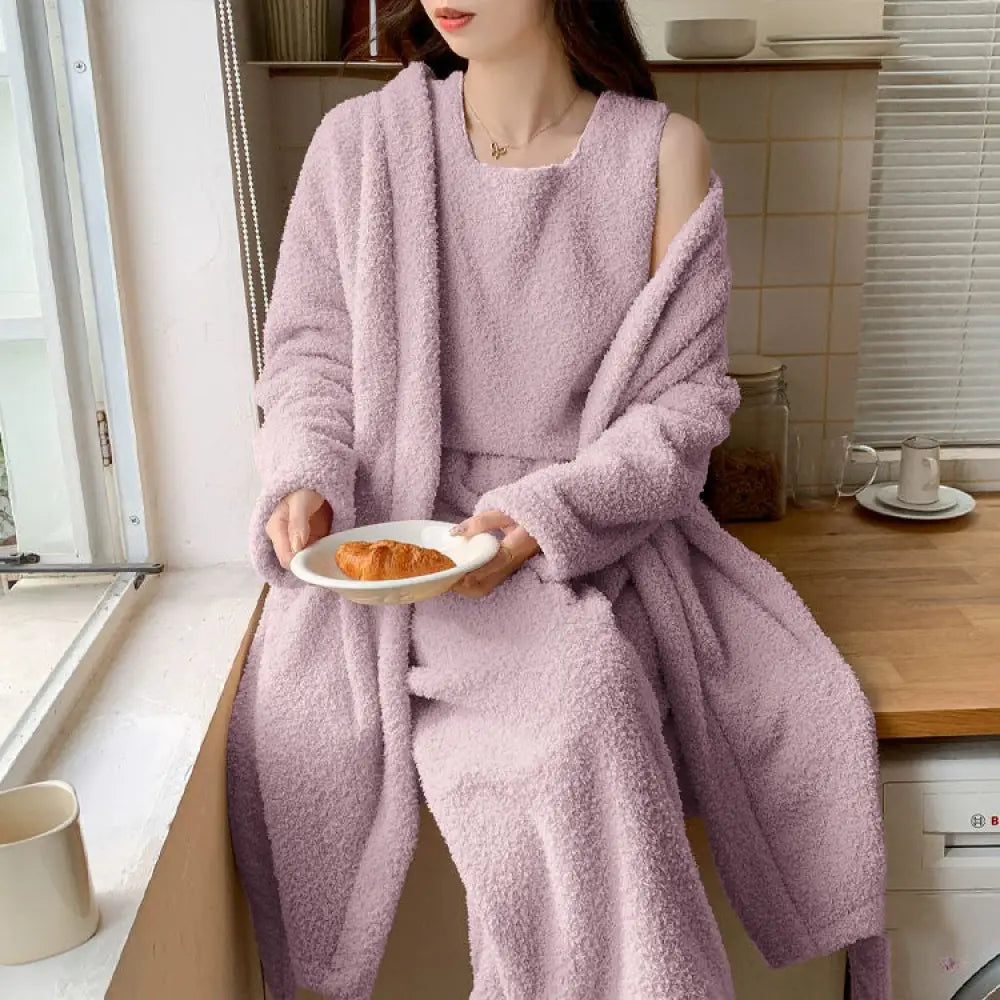 【8color】 3点セット 姫系 かわいい 寝巻き ルームウェア パジャマ レディース 部屋着 もこもこ ふわふわ 冬 セットアップ カーディガン ベスト + 長パンツ 日常 パープル / M レディース＞セットアップ