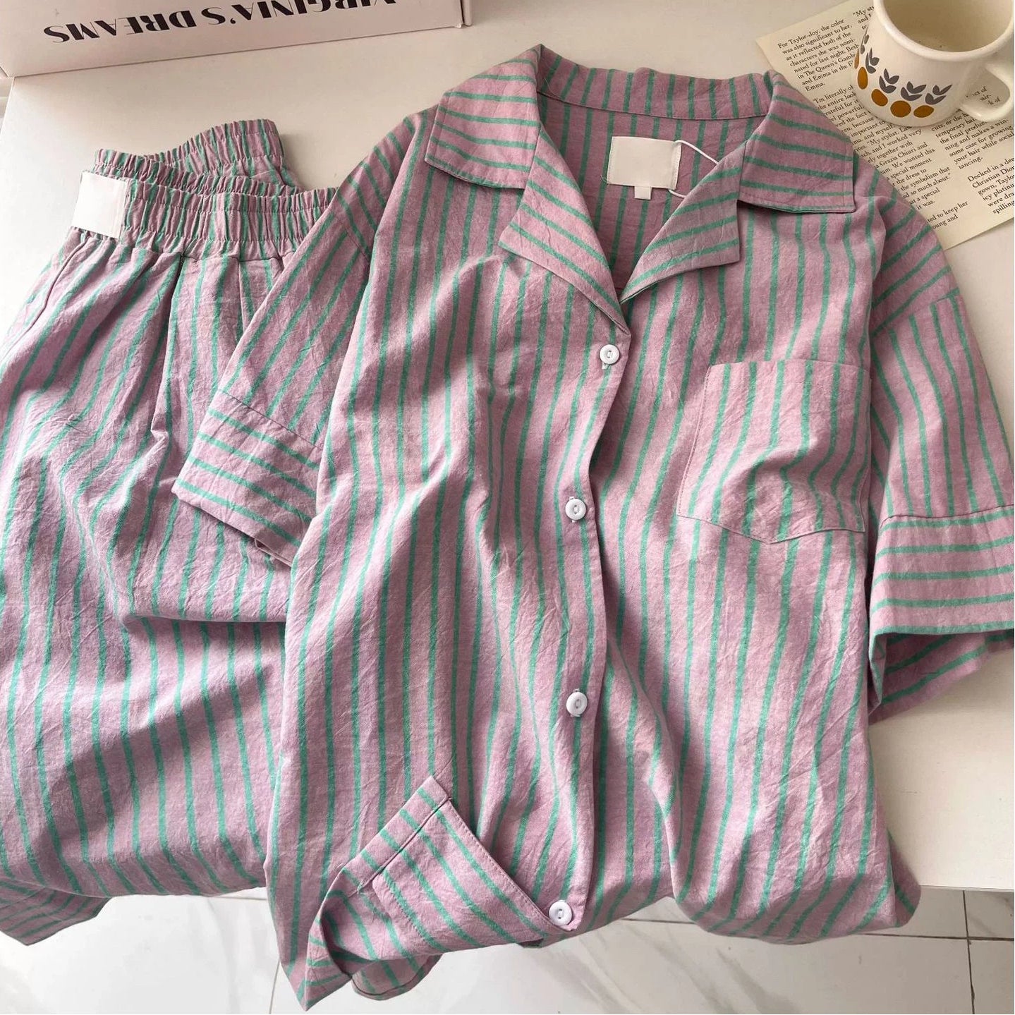 高級感 ストライプ パジャマ レディース 夏 カーディガン 半袖 セット 快適 ゆったり クロスボーダー ルームウェア 大きいサイズ 新作 ID4720