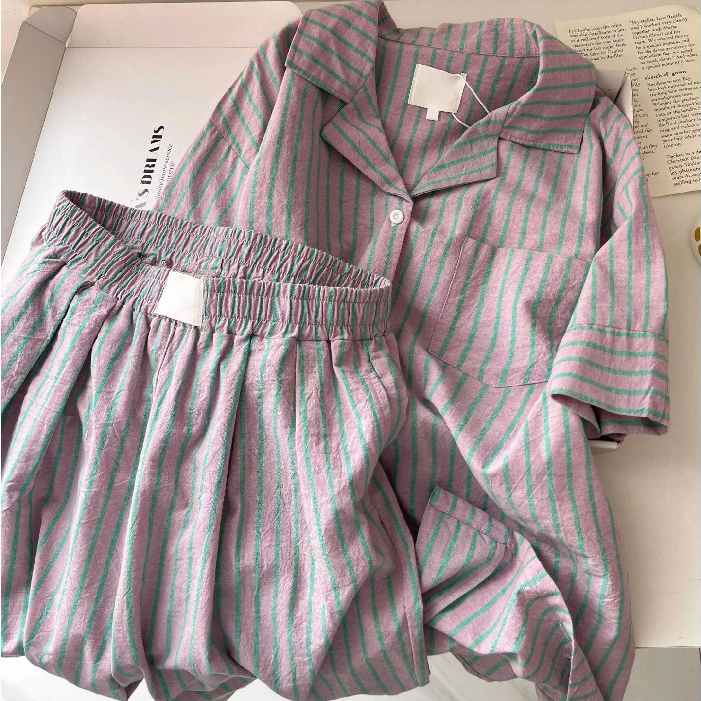 高級感 ストライプ パジャマ レディース 夏 カーディガン 半袖 セット 快適 ゆったり クロスボーダー ルームウェア 大きいサイズ 新作 ID4720