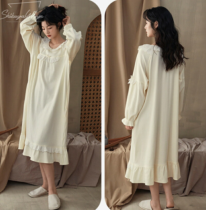 部屋着 寝巻き 綿 上品 パジャマ 春夏 ルームウェア レディース ワンピース 肌触り 通気性 ゆったり 長袖 女性 韓国風 お姫様 きれいめ 誕生日プレゼント きれい エレガント 寝巻き 可愛い 柔らかい 冷房対策 肌触りいい シンプル 20代 30代 M L XL 2XL スウィーティー 新作 ID4723