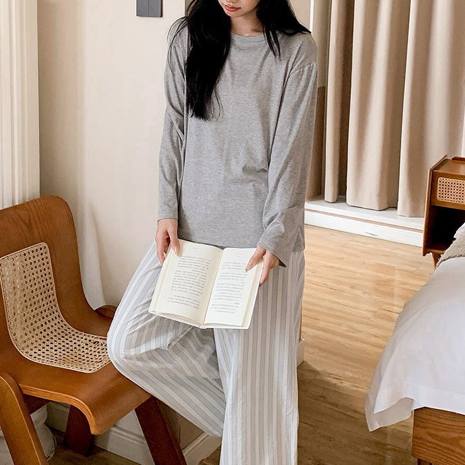 ルームウェア セット レディース ゆったり カジュアル ストライプ ラウンドネック 長袖 ロングパンツ パジャマ 入院 出産 部屋着 寝巻き ID4284