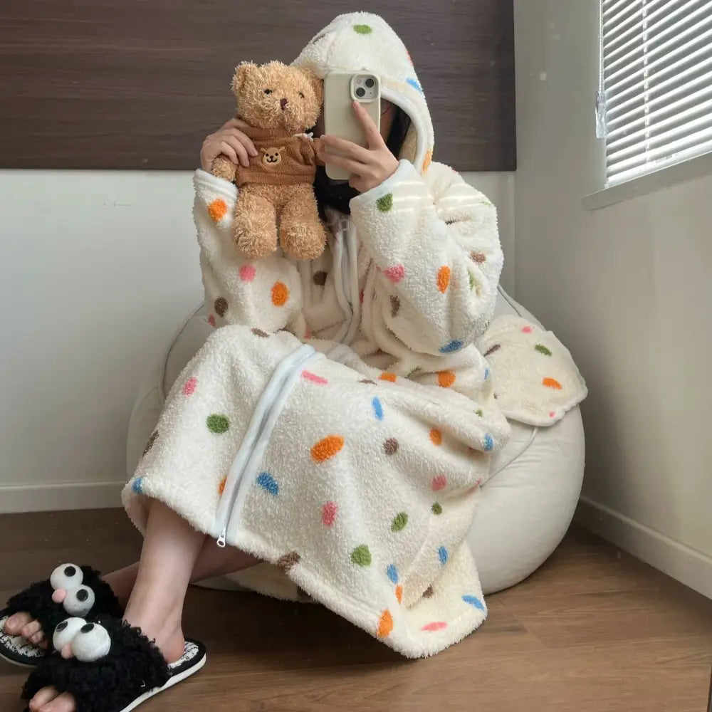 【9色展開】ルームウェア レディース もこもこ 冬 ワンピース パジャマ かわいい 着る毛布 ガウン 長袖 前開き ロング 部屋着 ゆったり ドット柄/多色 / フリー（通常版） レディース＞ワンピース