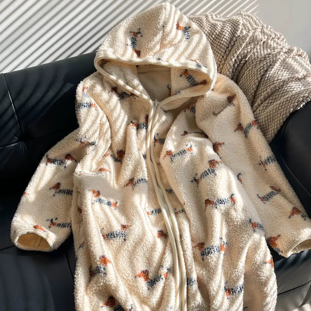 【9色展開】ルームウェア レディース もこもこ 冬 ワンピース パジャマ かわいい 着る毛布 ガウン 長袖 前開き ロング 部屋着 ゆったり ドッグ柄 / フリー（通常版） レディース＞ワンピース