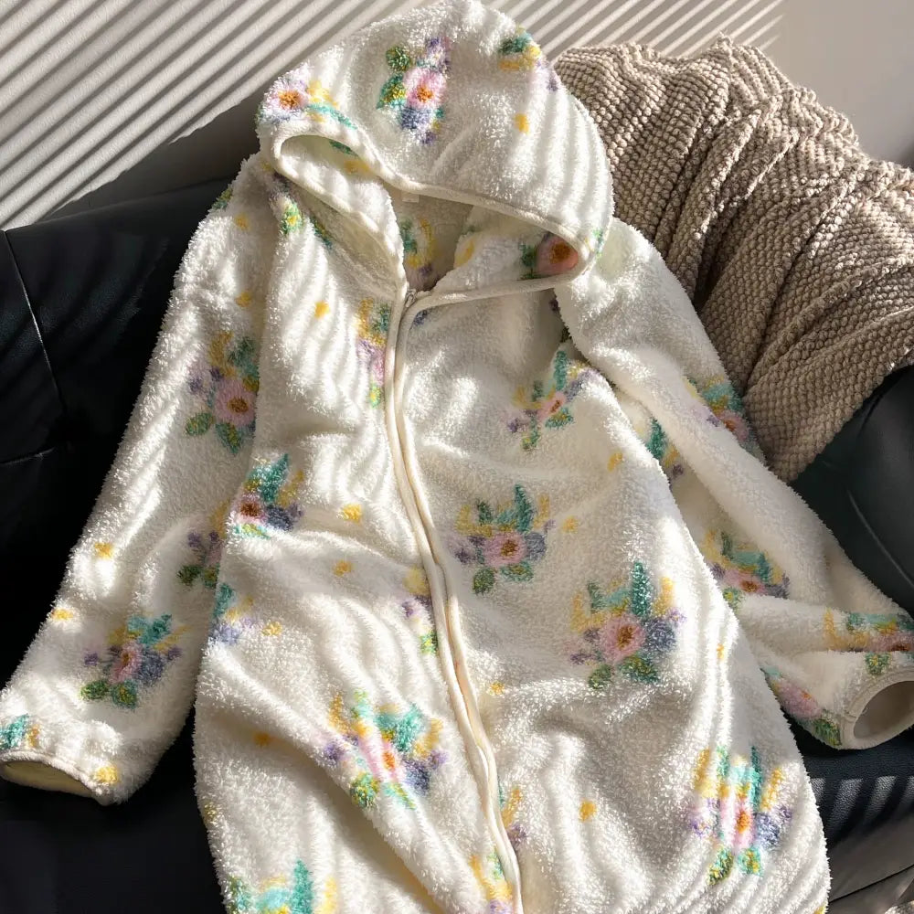 【9色展開】ルームウェア レディース もこもこ 冬 ワンピース パジャマ かわいい 着る毛布 ガウン 長袖 前開き ロング 部屋着 ゆったり 花柄 / フリー（通常版） レディース＞ワンピース