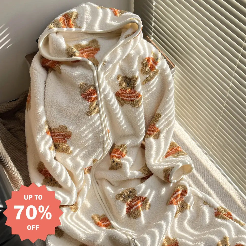 【9色展開】ルームウェア レディース もこもこ 冬 ワンピース パジャマ かわいい 着る毛布 ガウン 長袖 前開き ロング 部屋着 ゆったり くま柄 / フリー（通常版） レディース＞ワンピース