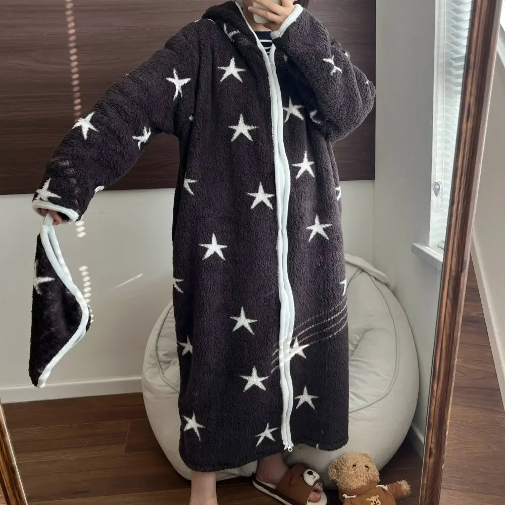 【9色展開】ルームウェア レディース もこもこ 冬 ワンピース パジャマ かわいい 着る毛布 ガウン 長袖 前開き ロング 部屋着 ゆったり 星柄/ブラック / フリー（通常版） レディース＞ワンピース