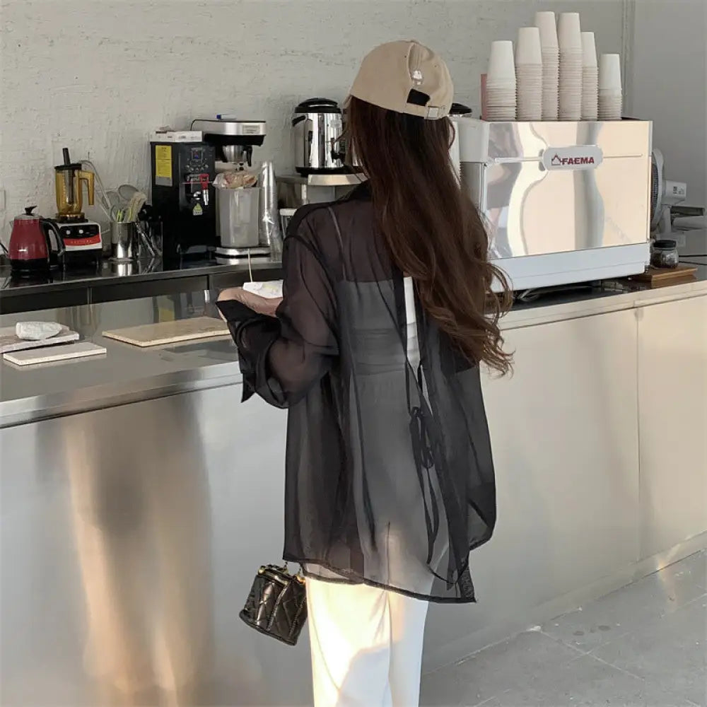 ID1545 9色展開 UVカット レディース 夏 薄手 カラフル ワイシャツ ゆったり ミディ丈 バックスリット タイドベルト 通気性 上着 ブラック / フリー 外出着>アウター