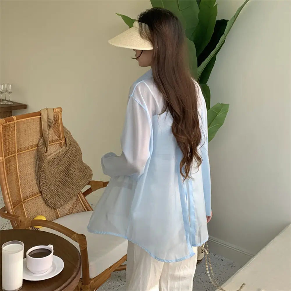 ID1545 9色展開 UVカット レディース 夏 薄手 カラフル ワイシャツ ゆったり ミディ丈 バックスリット タイドベルト 通気性 上着 ブルー / フリー 外出着>アウター