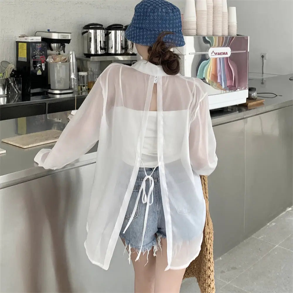 ID1545 9色展開 UVカット レディース 夏 薄手 カラフル ワイシャツ ゆったり ミディ丈 バックスリット タイドベルト 通気性 上着 ホワイト / フリー 外出着>アウター