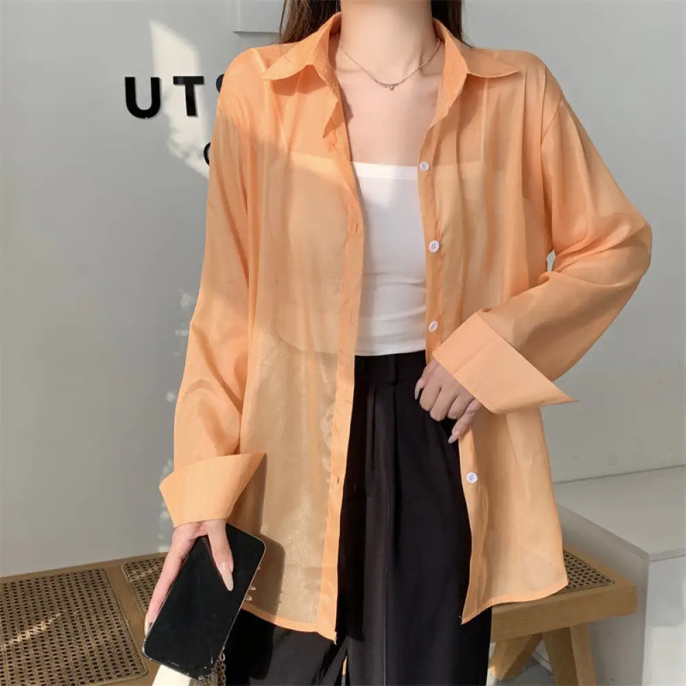 ID1545 9色展開 UVカット レディース 夏 薄手 カラフル ワイシャツ ゆったり ミディ丈 バックスリット タイドベルト 通気性 上着 オレンジ / フリー 外出着>アウター