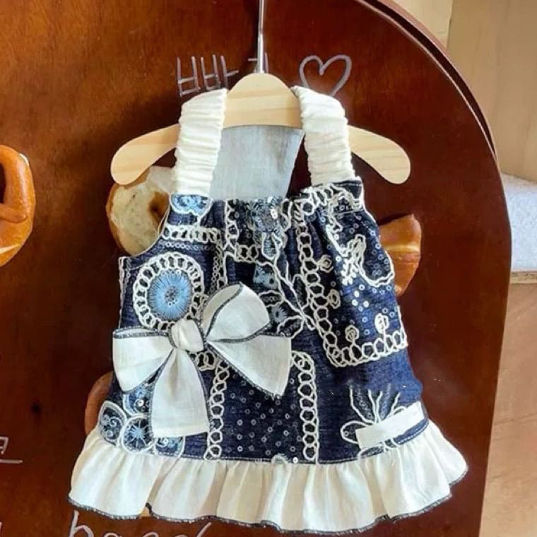 ID726 新作 ペット服 立体 リボン 刺繍 プリント 犬 猫 プリンセス 小型犬 ヨークシャー ビション 春夏 薄手 通気性 ベスト プリンセス スカート