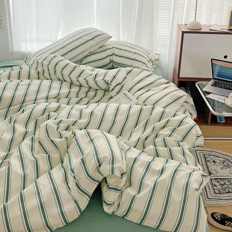ID711  ストライプ 布団カバー ベッドカバー  洗い 加工 磨毛 仕上げ 寝具 4点セット  快眠 安眠 サラサラ 柔らかい  ベッドシーツ 高級 通気性 保温 3シーズン対応 洗濯可 防ダニ 抗菌 お得 セット