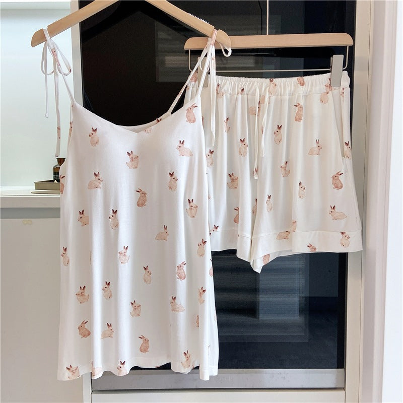 ID633 レディース 日系 うさぎ パジャマ  アイスクリーム モダール 夏用 サロペット ショートパンツ セット パッド内蔵 甘い